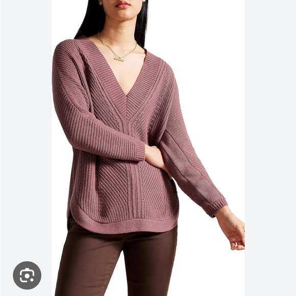 Ted Baker London Sweaters - Ted Baker London Lerissa Engineered Slouchy Sweater V-neck Pullover Taupe Sz 6